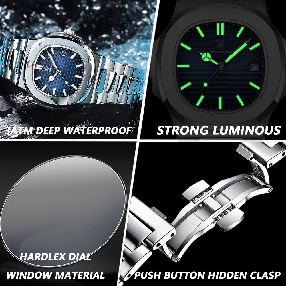 Relógio Masculino POEDAGAR Square Luxury - Aço Inoxidável, Impermeável e Luminoso
