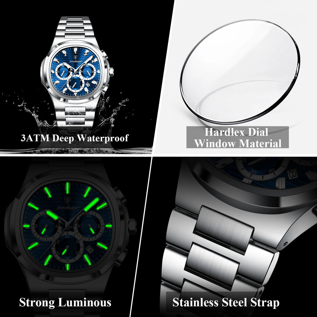 Relógio Masculino POEDAGAR Luxury - Cronógrafo, Impermeável e Luminoso em Aço Inoxidável