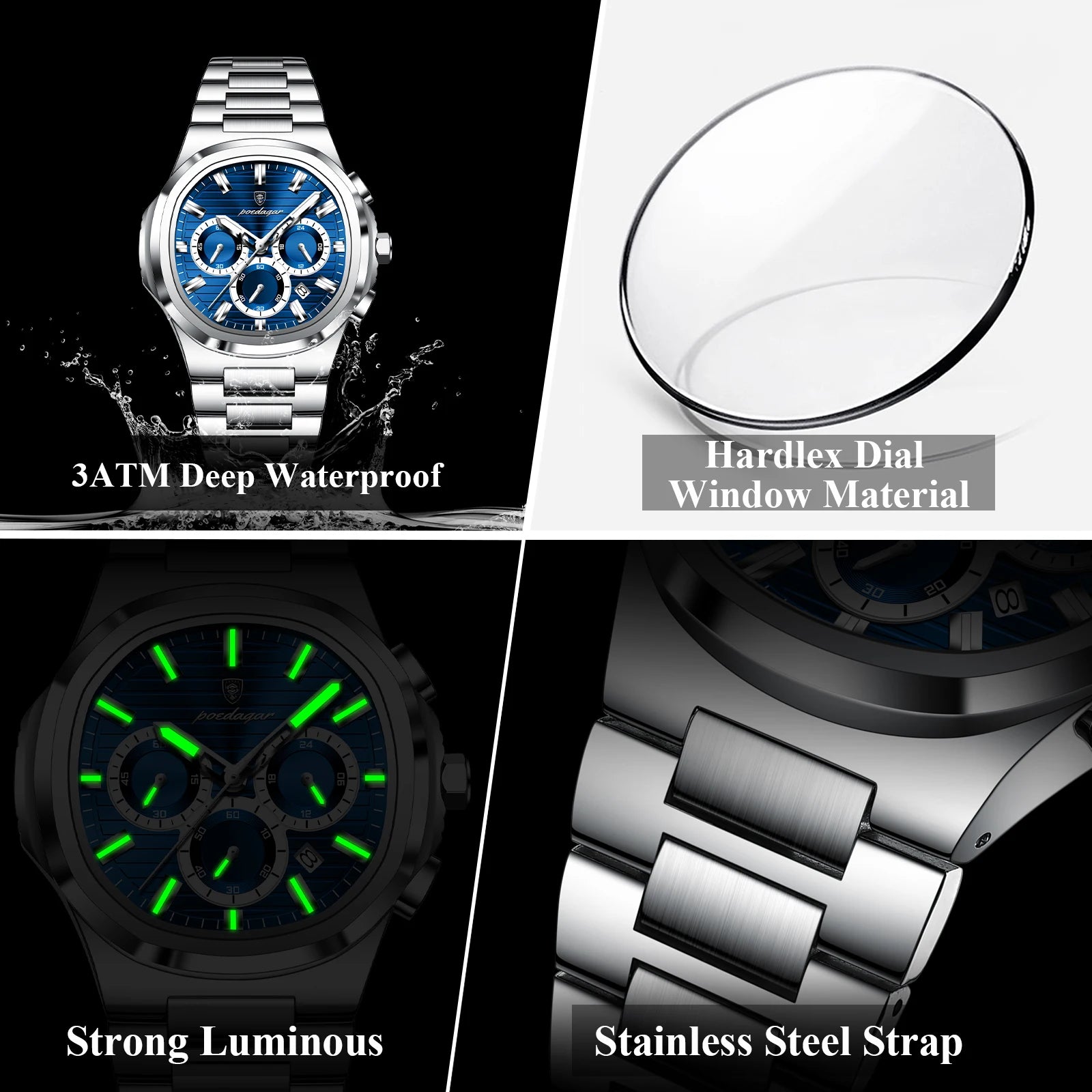 Relógio Masculino POEDAGAR Luxury - Cronógrafo, Impermeável e Luminoso em Aço Inoxidável