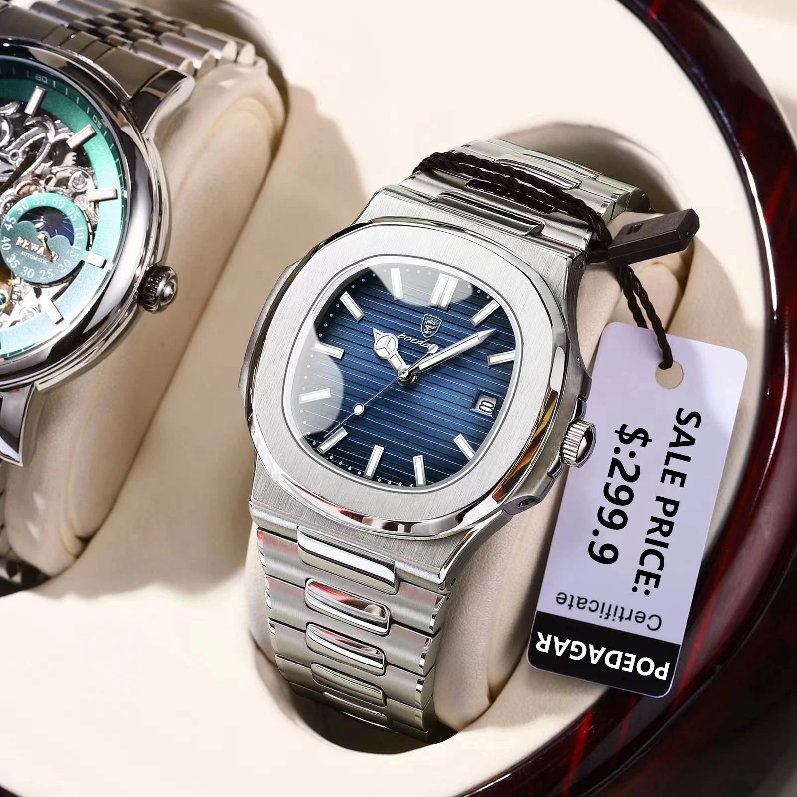 Relógio Masculino POEDAGAR Square Luxury - Aço Inoxidável, Impermeável e Luminoso