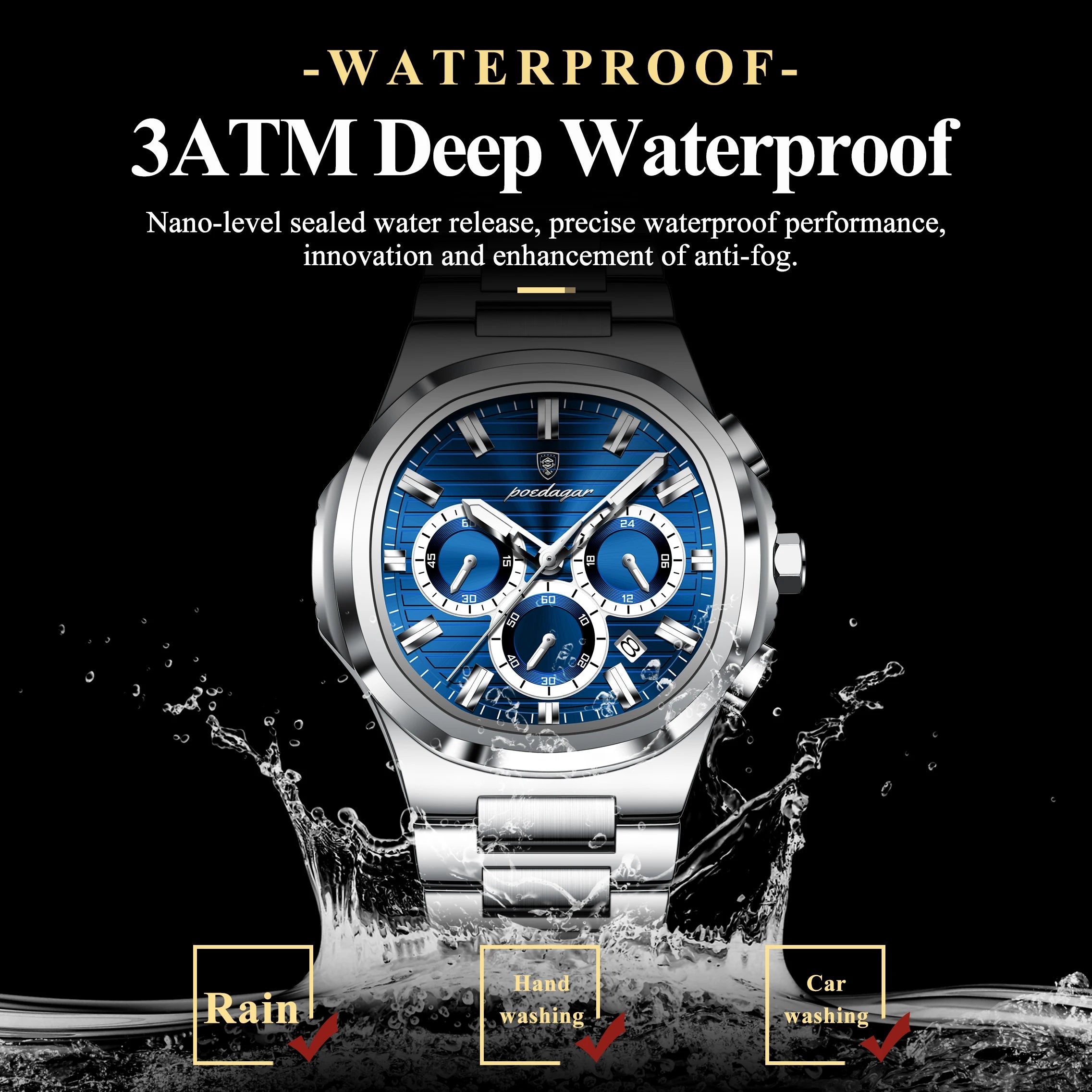 Relógio Masculino POEDAGAR Luxury - Cronógrafo, Impermeável e Luminoso em Aço Inoxidável