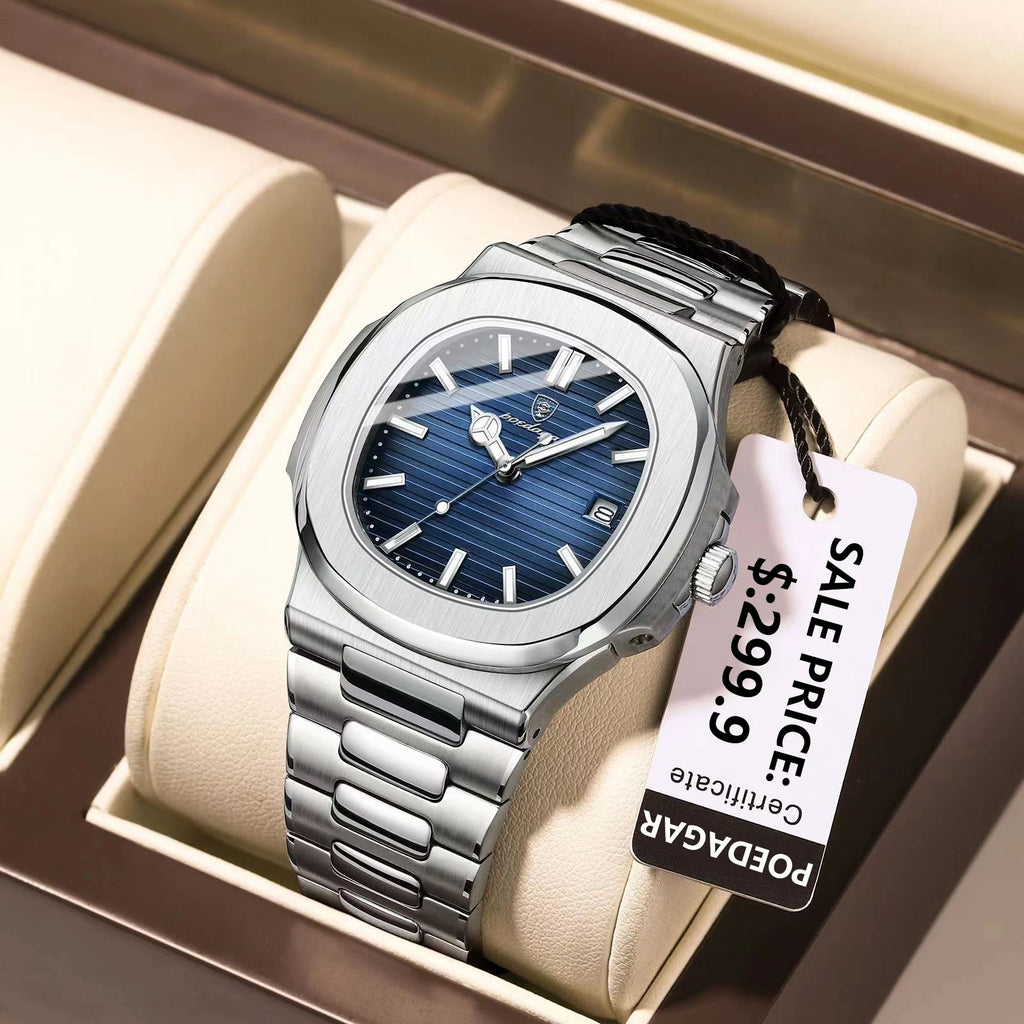 Relógio Masculino POEDAGAR Square Luxury - Aço Inoxidável, Impermeável e Luminoso