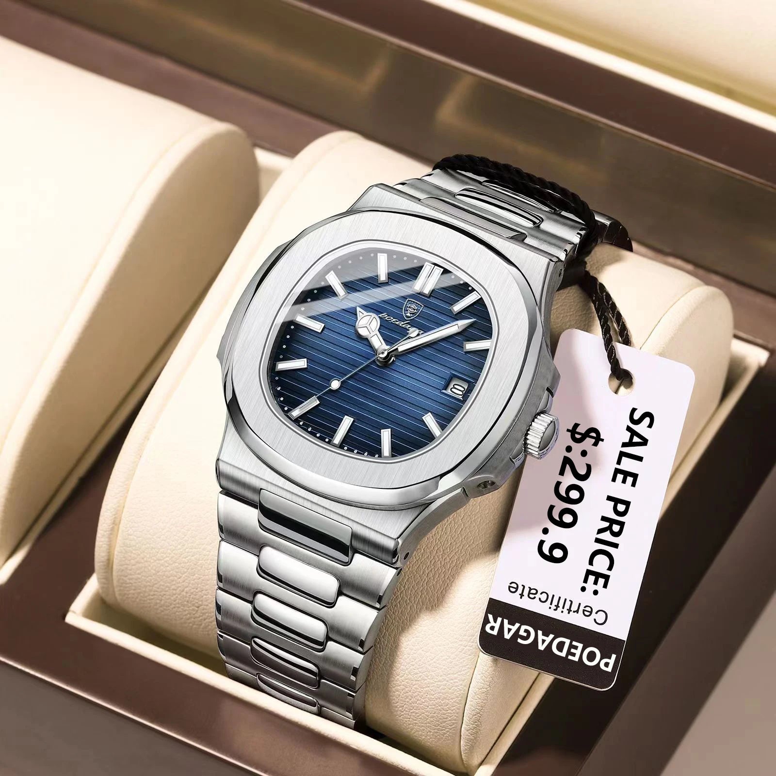 Relógio Masculino POEDAGAR Square Luxury - Aço Inoxidável, Impermeável e Luminoso