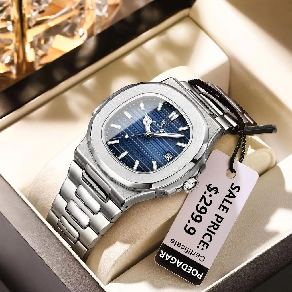 Relógio Masculino POEDAGAR Square Luxury - Aço Inoxidável, Impermeável e Luminoso